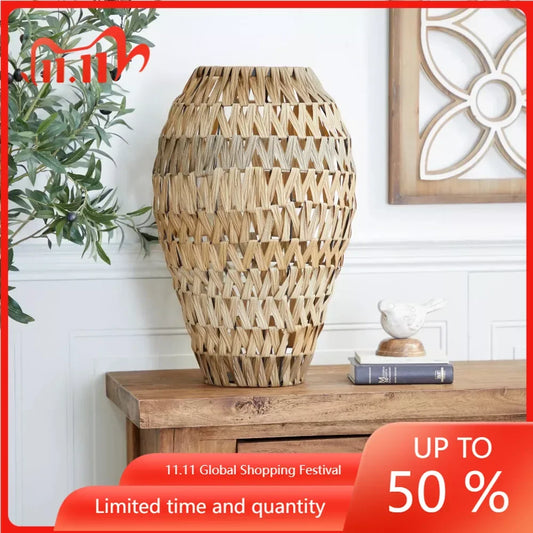 17“ Handmade Woven Brown Plastic Rattan Vase With Black Metal Base - TodaysEssentialHomeDecor