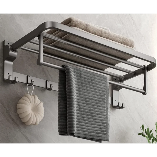 Bathroom Towel Rack with Towel Bar and Hooks 23.6 in Foldable Towel Shelf Wall Mounted - TodaysEssentialHomeDecor