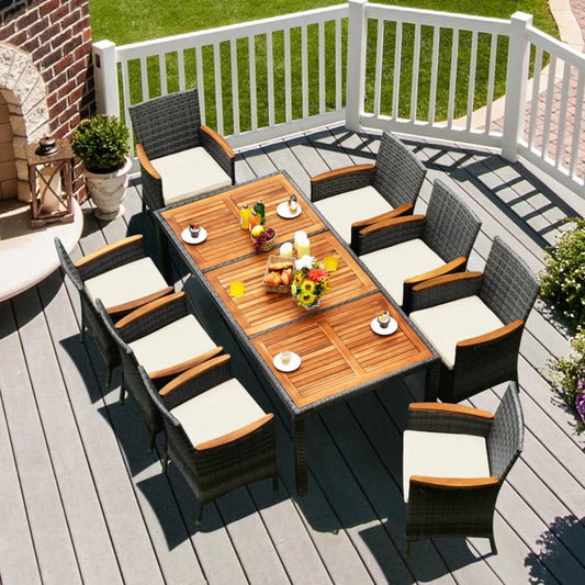 9 Pieces Rattan Patio Dining Set with Acacia Wood Table and Cushioned Chairs - TodaysEssentialHomeDecor